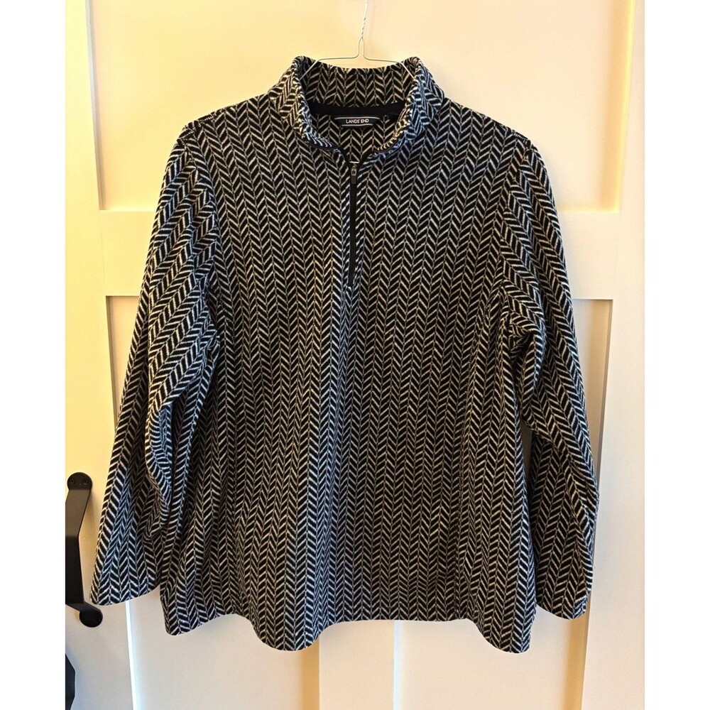 Lands' End Women’s Plus 1X Black/White Herringbone Fleece Mock Neck Zip Jacket